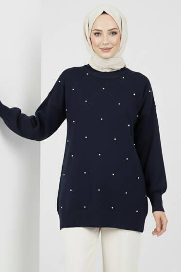 Serpme Taşlı Triko Tunik Lacivert - Tunik