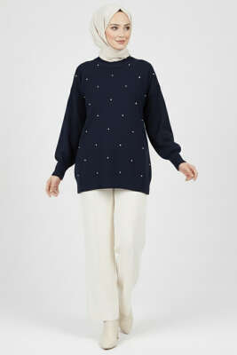 Serpme Taşlı Triko Tunik Lacivert - Tunik