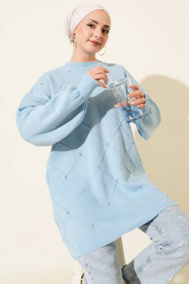 Serpme Taşlı Triko Tunik Mavi - Tunik