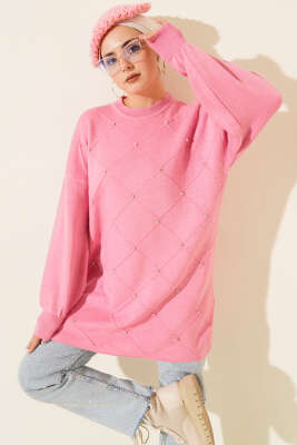 Serpme Taşlı Triko Tunik Pembe - KILIÇ TRİKO