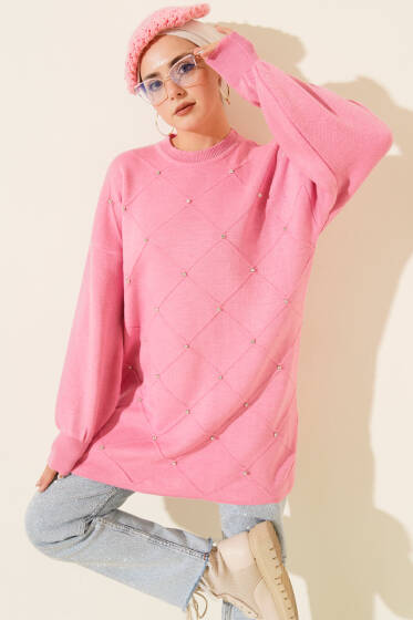 Serpme Taşlı Triko Tunik Pembe - Tunik