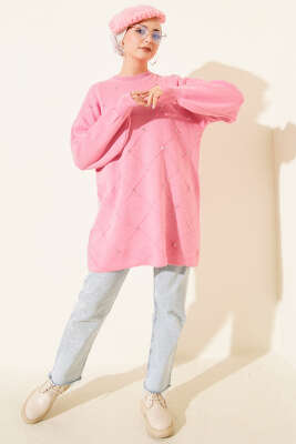Serpme Taşlı Triko Tunik Pembe - Tunik