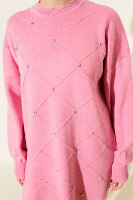 Serpme Taşlı Triko Tunik Pembe - Tunik