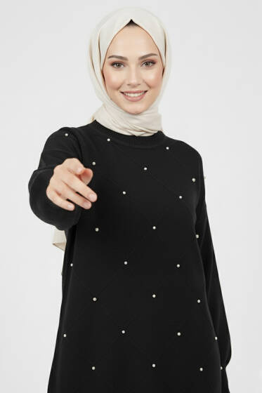 Serpme Taşlı Triko Tunik Siyah - Tunik