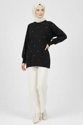 Serpme Taşlı Triko Tunik Siyah - Tunik
