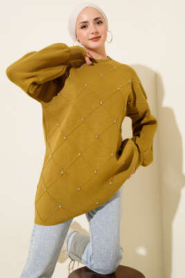 Serpme Taşlı Triko Tunik Yağ Yeşili - KILIÇ TRİKO