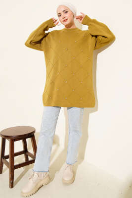 Serpme Taşlı Triko Tunik Yağ Yeşili - Tunik