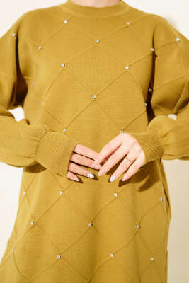 Serpme Taşlı Triko Tunik Yağ Yeşili - Tunik