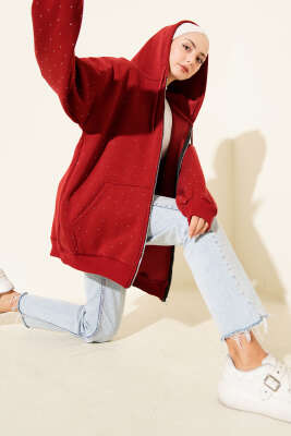 Serpme Taşlı Üç İplik Hırka Bordo - TEGOE