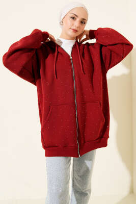 Serpme Taşlı Üç İplik Hırka Bordo - Hırka