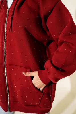 Serpme Taşlı Üç İplik Hırka Bordo - Hırka