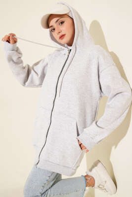 Serpme Taşlı Üç İplik Hırka Gri - TEGOE