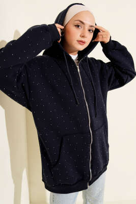 Serpme Taşlı Üç İplik Hırka Lacivert - TEGOE