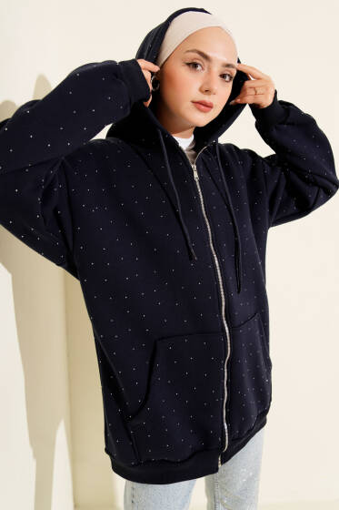 Serpme Taşlı Üç İplik Hırka Lacivert - Hırka