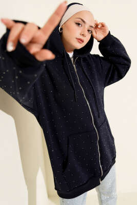 Serpme Taşlı Üç İplik Hırka Lacivert - Hırka