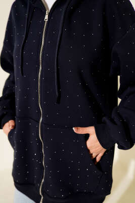 Serpme Taşlı Üç İplik Hırka Lacivert - Hırka