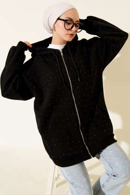 Serpme Taşlı Üç İplik Hırka Siyah - TEGOE