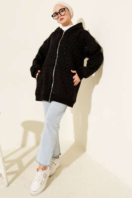 Serpme Taşlı Üç İplik Hırka Siyah - Hırka