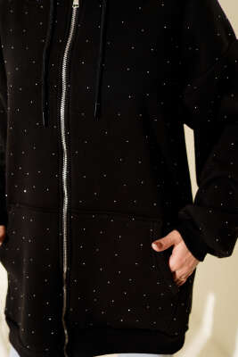 Serpme Taşlı Üç İplik Hırka Siyah - Hırka