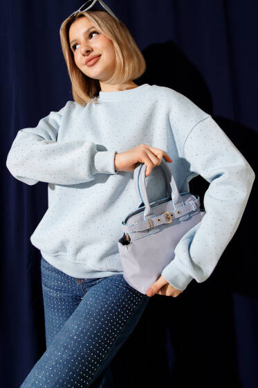 Serpme Taşlı Üç İplik Sweatshirt Bebe Mavi - Kadın Giyim Modelleri