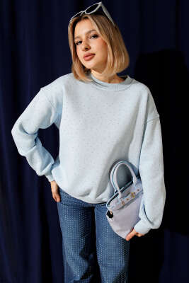 Serpme Taşlı Üç İplik Sweatshirt Bebe Mavi - Kadın Giyim Modelleri