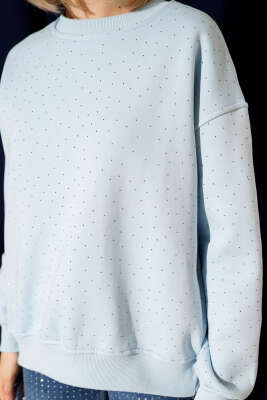 Serpme Taşlı Üç İplik Sweatshirt Bebe Mavi - Kadın Giyim Modelleri