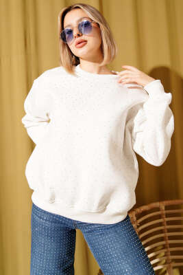 Serpme Taşlı Üç İplik Sweatshirt Ekru - Kadın Giyim Modelleri