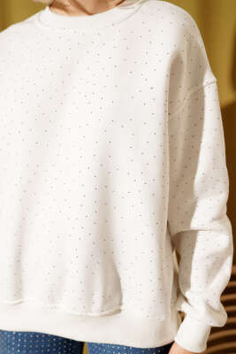 Serpme Taşlı Üç İplik Sweatshirt Ekru - Kadın Giyim Modelleri