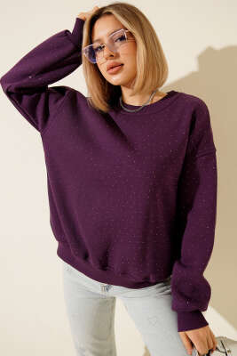 Serpme Taşlı Üç İplik Sweatshirt Mor - DİVON