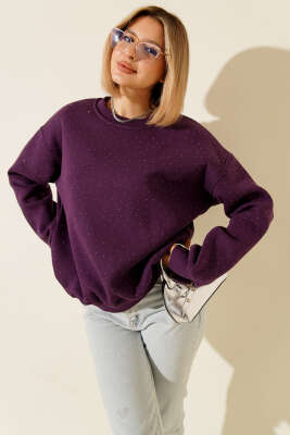 Serpme Taşlı Üç İplik Sweatshirt Mor - Kadın Giyim Modelleri