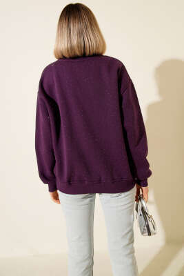 Serpme Taşlı Üç İplik Sweatshirt Mor - Kadın Giyim Modelleri
