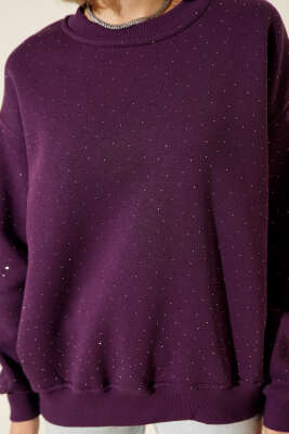 Serpme Taşlı Üç İplik Sweatshirt Mor - Kadın Giyim Modelleri