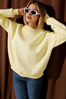 Serpme Taşlı Üç İplik Sweatshirt Sarı 
