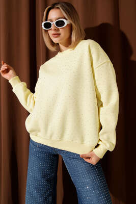 Serpme Taşlı Üç İplik Sweatshirt Sarı - Kadın Giyim Modelleri