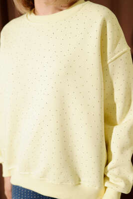 Serpme Taşlı Üç İplik Sweatshirt Sarı - Kadın Giyim Modelleri