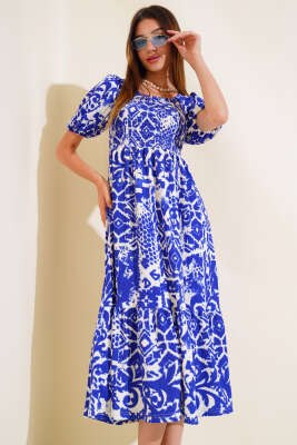 Seul Desenli Gipeli Elbise Saks 