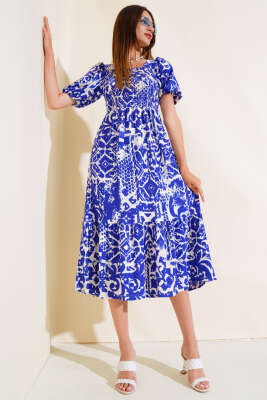 Seul Desenli Gipeli Elbise Saks - Kadın Giyim Modelleri