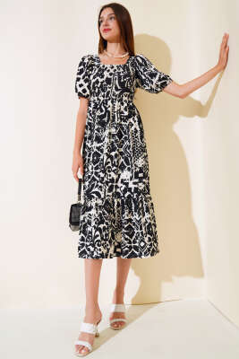 Seul Desenli Gipeli Elbise Siyah - ADYES