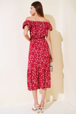 Seul Desenli Kayık Yaka Elbise Bordo - Kadın Giyim Modelleri