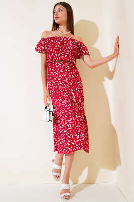 Seul Desenli Kayık Yaka Elbise Bordo 