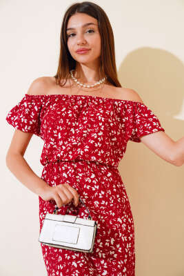 Seul Desenli Kayık Yaka Elbise Bordo - Kadın Giyim Modelleri