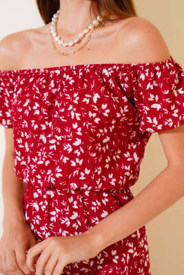 Seul Desenli Kayık Yaka Elbise Bordo - Kadın Giyim Modelleri