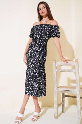 Seul Desenli Kayık Yaka Elbise Siyah - Kadın Giyim Modelleri