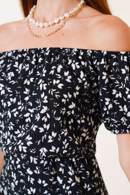 Seul Desenli Kayık Yaka Elbise Siyah - Kadın Giyim Modelleri