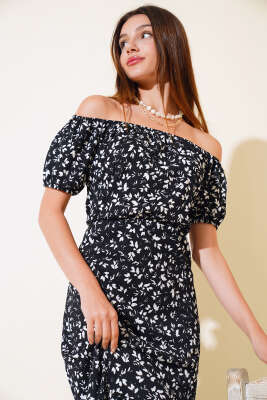 Seul Desenli Kayık Yaka Elbise Siyah - Kadın Giyim Modelleri