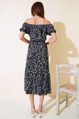 Seul Desenli Kayık Yaka Elbise Siyah - Kadın Giyim Modelleri