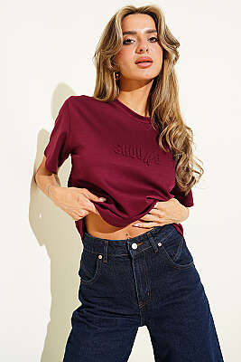 Shouke Kabartmalı T-shirt Bordo - DESTİNA