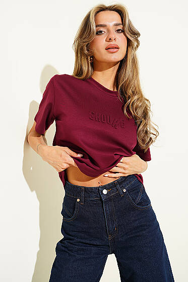 Shouke Kabartmalı T-shirt Bordo - Kadın Giyim Modelleri