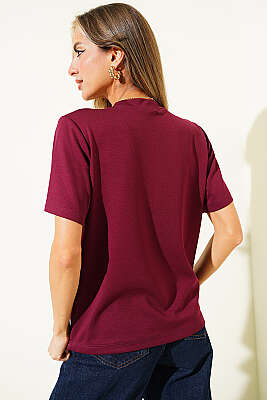 Shouke Kabartmalı T-shirt Bordo - Kadın Giyim Modelleri