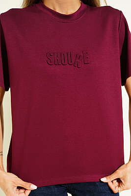 Shouke Kabartmalı T-shirt Bordo - Kadın Giyim Modelleri